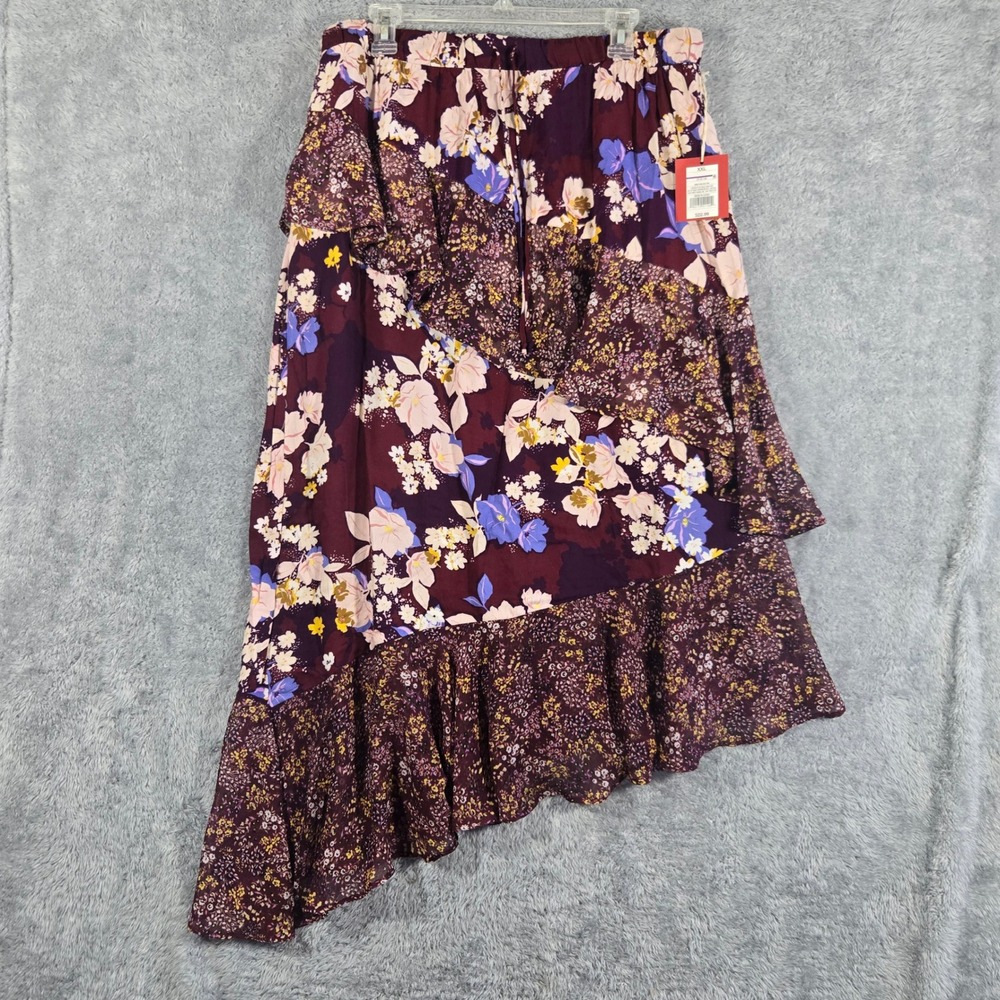 Mossimo Supply Co Womens XXL Burgundy Floral Ruffle Asymmetrical Maxi Skirt NWT
